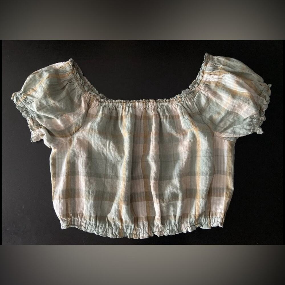 AMERICAN EAGLE Green Plaid Off-the-Shoulder Puffed Sleeve Crop Top sz M